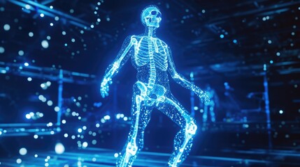 Fototapeta na wymiar A virtual representation of the skeleton of a professional athlete showcases the musculoskeletal system and the impact of physical