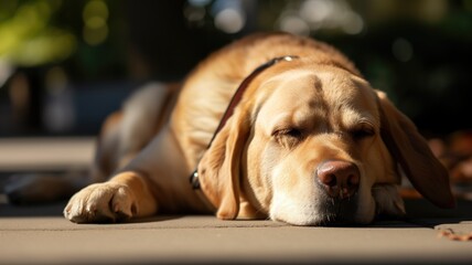 Sleeping golden retriever lying on a deck