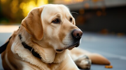 A close-up of a golden Labrador retriever with a thoughtful gaze