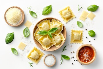 Italian ravioli pasta filled with spinach and ricotta served with tomato sauce parmesan and basil leaf Isolated on white viewed from above - obrazy, fototapety, plakaty