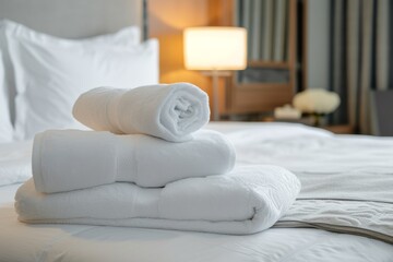 Tidy hotel room with fresh white bath towels on the bed