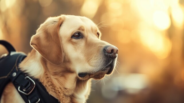 A service dog attentively gazes into the distance
