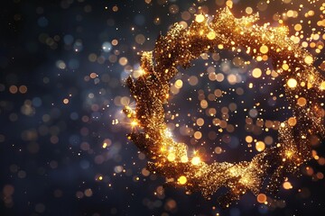 Shimmering golden particles forming a festive wreath on a dark elegance background Embodying celebration and luxury