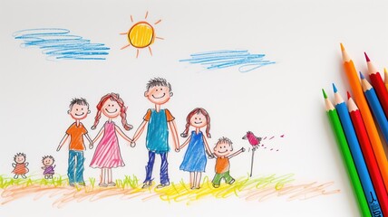 Child's drawing of a family holding hands under the sun - Powered by Adobe