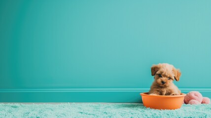 Puppy in a bowl on a turquoise rug - obrazy, fototapety, plakaty