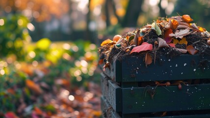 Compost bin filled with autumn leaves in a garden