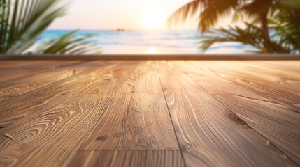 new brown matte oak texture laminate flooring, blurred beach scene background, macro shot, focus on laminate flooring.