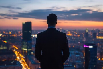 Successful entrepreneur visualizing future goals against a cityscape at dusk