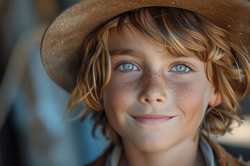 A beaming girl, adorned in a fashionable sun hat, gazes at the camera with her youthful face and expressive eyes, exuding joy and innocence in this stunning portrait photograph taken outdoors - obrazy, fototapety, plakaty