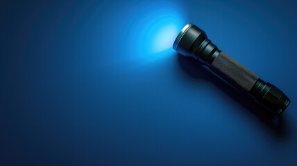 Blue flashlight emitting a bright beam on a blue surface