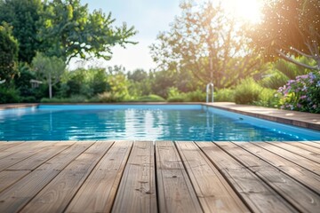 Tranquil backyard setting featuring an empty wooden deck overlooking a serene swimming pool Inviting relaxation and leisure