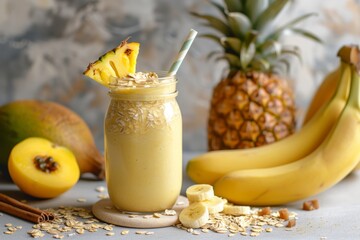 Smoothie with Mango Banana and Pineapple in a Jar with Nearby Ingredients