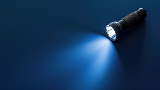 Flashlight shining light on dark blue surface