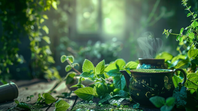 Refreshing organic green herb foliage tea professional photography