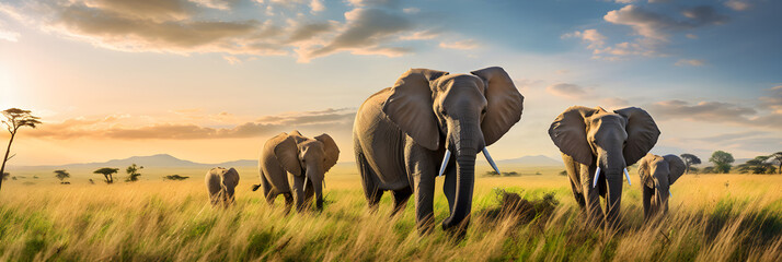 Tender Moments in the Wild: A Close-Knit Family of Elephants Navigating the Vibrant African Savannah - obrazy, fototapety, plakaty