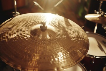 Sun reflecting on close up drum kit with cymbal