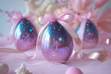 Holographic Easter Eggs with Ribbon Bows, holiday, celebration, decoration, festive