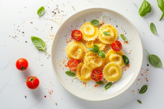 Italian pasta with mozzarella and tomato on a plate White background Top view