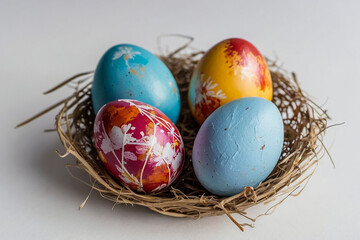 Obraz premium Top view of colorful easter eggs in heart-shaped plate