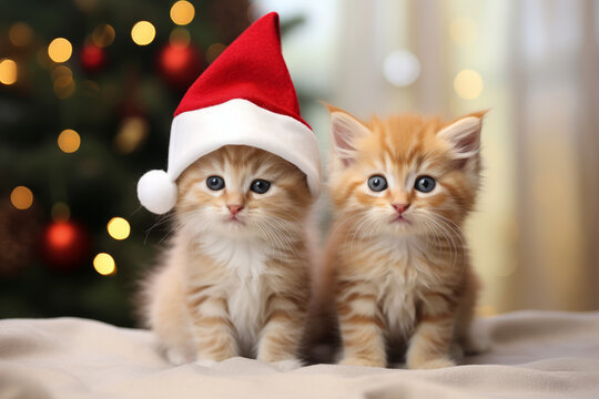 2 Cute kitten infront of a christmas tree with a christmas hat