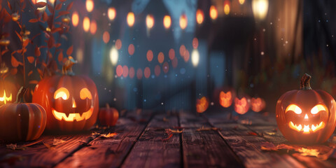 Cozy blurred Halloween background,with pumpkins at the side, banner - obrazy, fototapety, plakaty