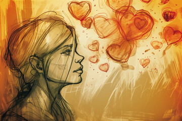 Pensive Young Woman with Sketch-Style Heart Illustrations - Great for Exploring Themes of Love and Reflection