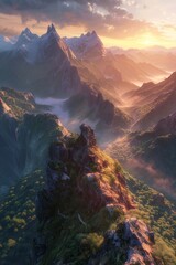 This photo captures a stunning aerial view of a mountain range as the sun sets, showcasing the natural beauty of the landscape.