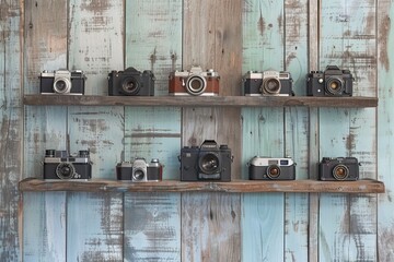 A group of vintage cameras are neatly arranged on wooden shelves, showcasing a collection of classic photography equipment.
