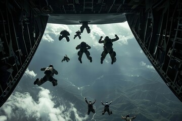 A group of people skydiving as they jump out of an airplane.