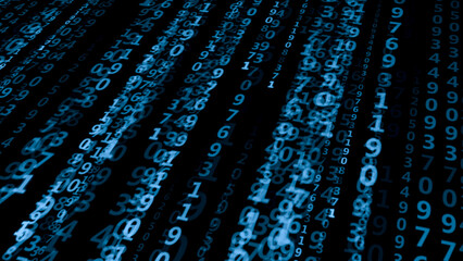 Blue numbers on a dark background. Artificial intelligence concept .3d render illustration.