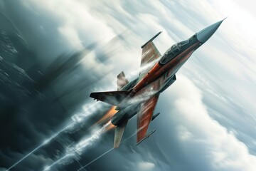 A high-speed fighter jet performs a barrel roll in the midst of a cloudy sky.