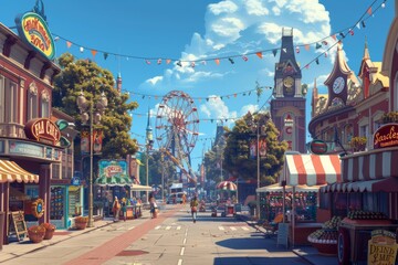 A busy city street featuring a vibrant street fair with carnival games and food stalls, with a striking ferris wheel visible in the background.