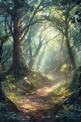 An artfully created painting showcasing a path cutting through a vibrant forest landscape, illuminated by sunlight filtering through the trees.