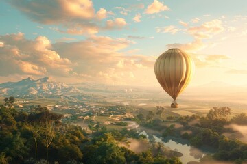 A stunning hot air balloon glides gracefully over a beautiful valley landscape.