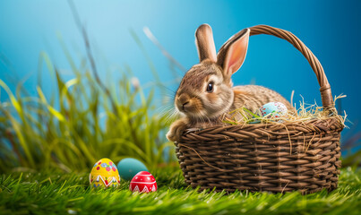 Easter Bunny with Colorful Eggs in a Basket on Sunny Spring Day