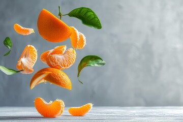 Healthy snack ripe tangerine or orange slices levitating on a white wooden table against a gray wall packed with vitamins - obrazy, fototapety, plakaty