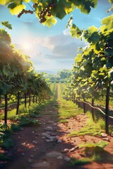 Naklejka premium A dirt road winding its way through a dense forest of vibrant green trees.