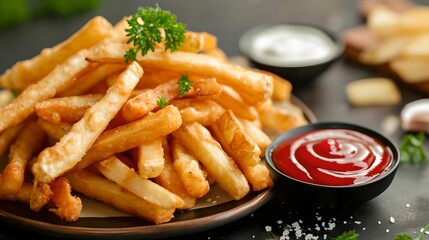 Tasty Fried Potato Sticks with Ketchup and Mayo, fast food, snack, delicious, dipping