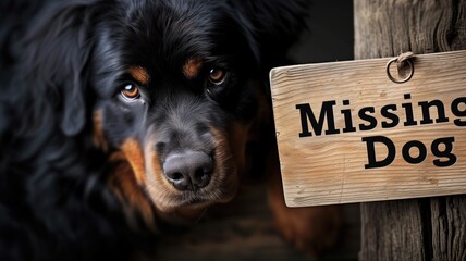 A dog beside a wooden 'Missing Dog' sign
