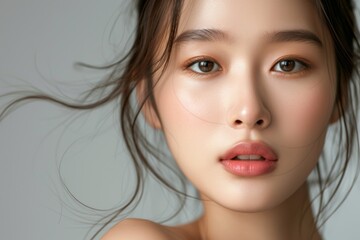 Portrait of a stunning Asian model with flawless skin on a grey backdrop Face care facial treatment cosmetology and plastic surgery featured