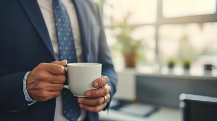 Businessman Holding Coffee Cup in Office, workplace, break, caffeine, drink