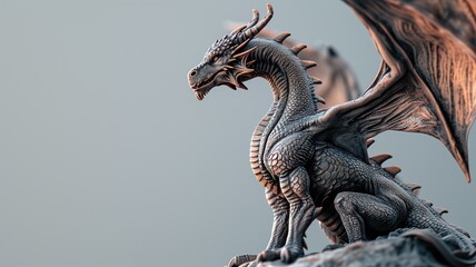 Detailed sculpture of a dragon with wings - obrazy, fototapety, plakaty