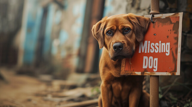 Sad dog beside a "Missing Dog" sign