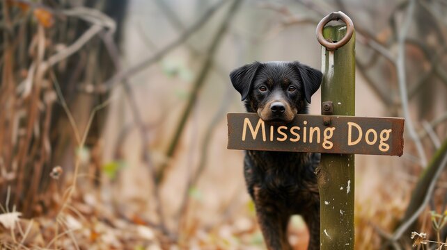 A black dog near a "Missing Dog" sign in the woods