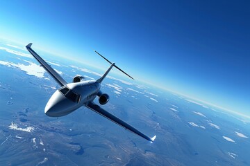 Fototapeta premium A sleek business jet soaring through the sky above a wide body of water.