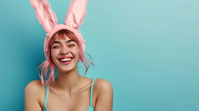 Smiling Female Cosplayer with Bunny Ears, Empty Space, single colored background, costume, character, fantasy