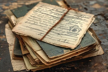 Obraz premium A stack of vintage postcards from around the world sitting on top of a wooden table.