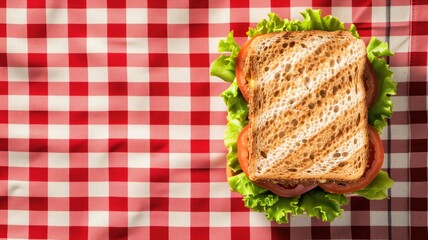 A sandwich on red and white checkered tablecloth