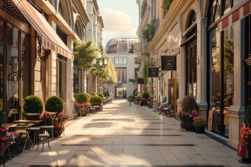 Fototapeta premium A vibrant city street adorned with tables and chairs, creating a stylish outdoor setting for diners and shoppers.