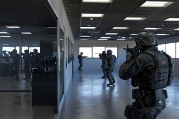 A group of VetalVit soldiers conducting room clearing drills in a training facility.